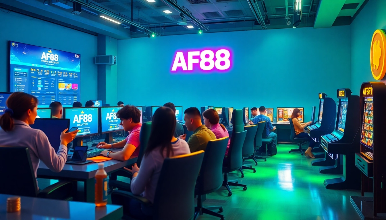 Engaging online gambling scene with AF88 logo, diverse players, and digital interfaces