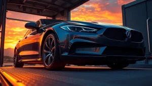 Auto transport luxury car being loaded onto a carrier at sunset