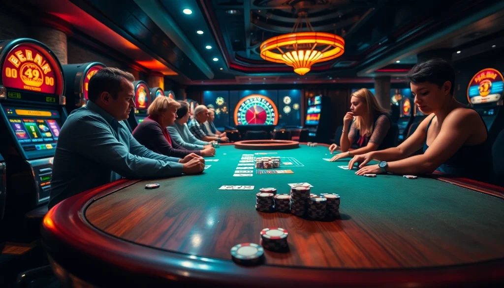 Experience the thrill of high-stakes poker at 89bet.house, featuring vibrant tables and colorful casino settings.