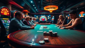 Experience the thrill of high-stakes poker at 89bet.house, featuring vibrant tables and colorful casino settings.