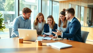 Collaborating team at https://antrepost.com discussing business strategies in a modern office.