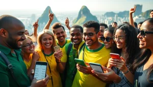 Engaging moment of sports betting in Brazil with diverse participants and vibrant city backdrop.