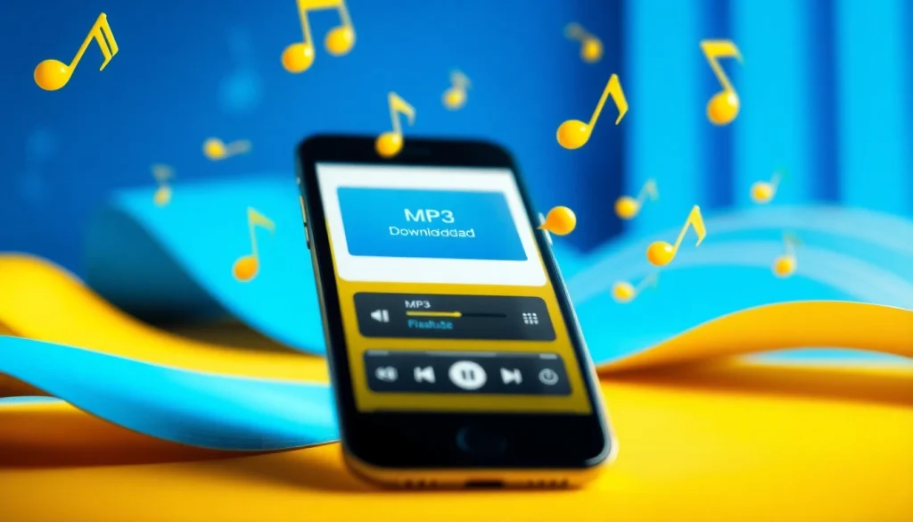 Discover MP3 download options with engaging visuals of music notes and smartphones.
