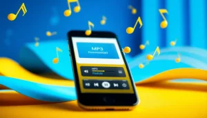 Discover MP3 download options with engaging visuals of music notes and smartphones.