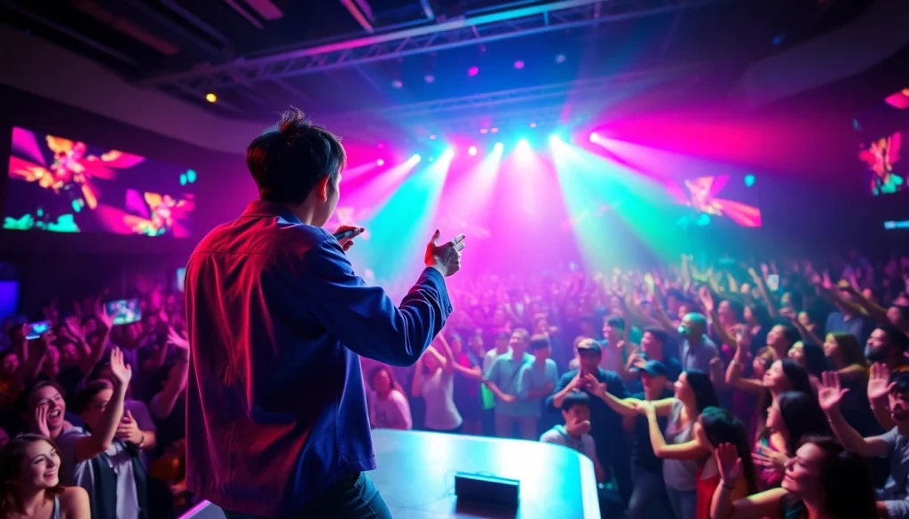 Engaging concert scene from https://www.kpopangel.com showcasing a K-Pop musician captivating the audience.