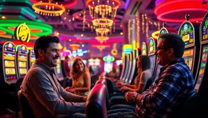 Slot deposit 1000 memikat pemain dengan suasana kasino yang semarak dan penuh cahaya.