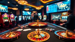 Players enjoying a lively game at the uu88 casino, showcasing vibrant poker chips and roulette wheels.