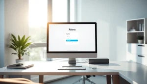 Atera login page displayed on a computer screen in a modern office setting, emphasizing accessibility and security.