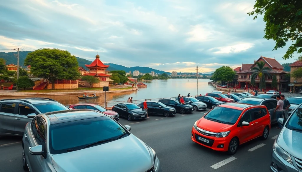 Kuching car hire scene with rental cars by the riverside at sunset.
