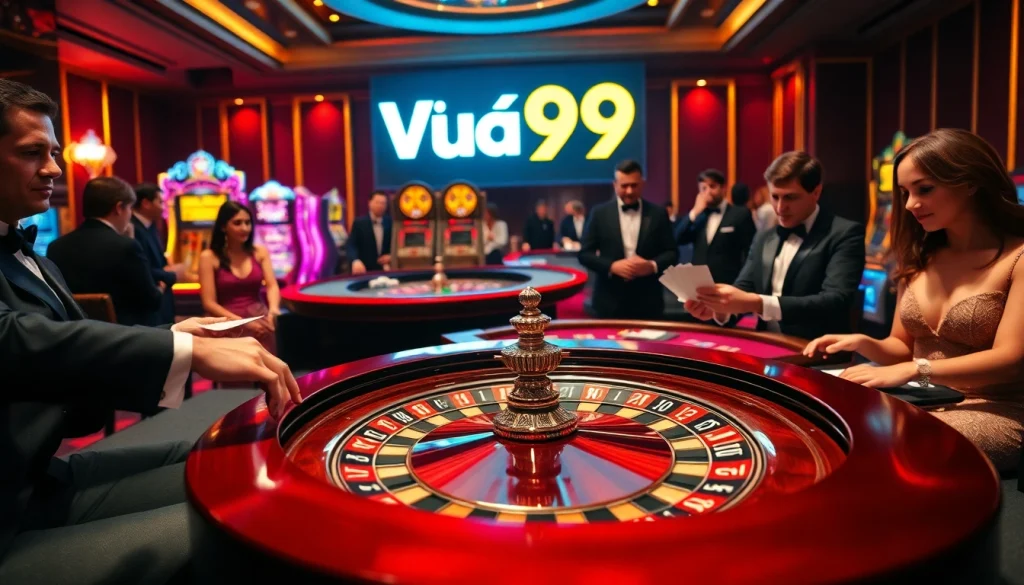 Vua99 casino scene showcasing vibrant gameplay, roulette wheel, and enthusiastic players.