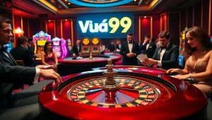 Vua99 casino scene showcasing vibrant gameplay, roulette wheel, and enthusiastic players.
