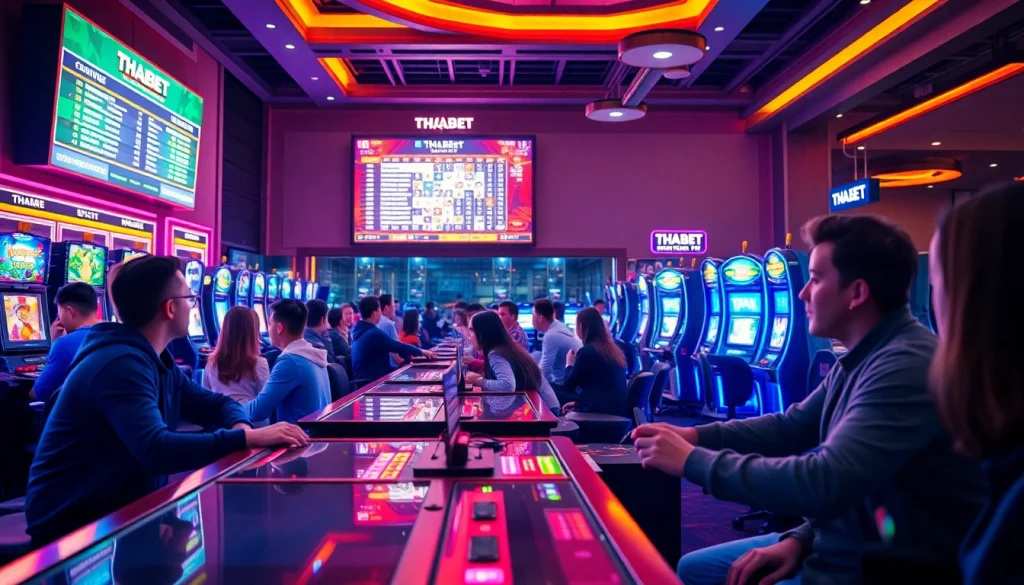 Exciting online gaming atmosphere at https://thabet.college/ with diverse players and vibrant visuals.