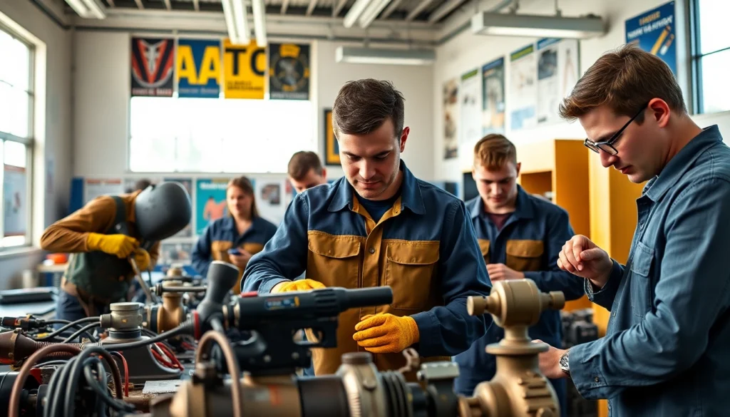 Explore trade schools in southern California with students practicing various vocational skills in a modern classroom.