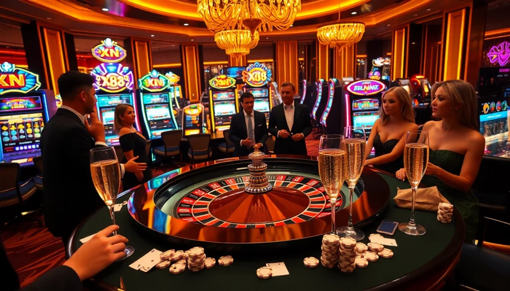 XN 88 players enjoying a lively game at a luxurious casino table filled with chips and cards.