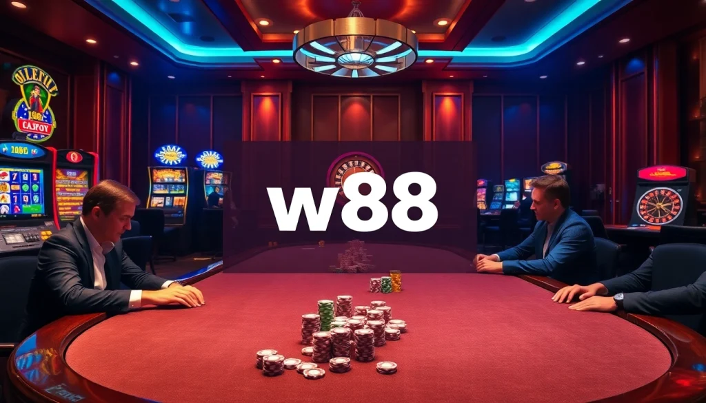 Trải nghiệm cảm giác hồi hộp của trò chơi cược cao với liên kết W88 được giới thiệu trong một cảnh sòng bạc sang trọng.