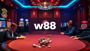 Trải nghiệm cảm giác hồi hộp của trò chơi cược cao với liên kết W88 được giới thiệu trong một cảnh sòng bạc sang trọng.