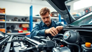 Find a reliable mechanic near me working diligently on a car engine in a bright workshop.