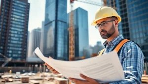 New York Construction Manager strategizing at a bustling construction site.