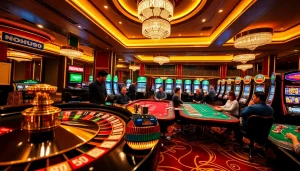 Nâu cái NOHU90 features vibrant slot machines and poker action in a luxurious casino setting.