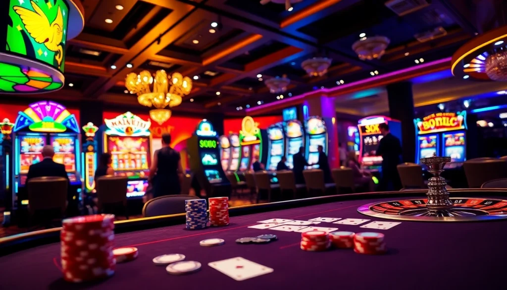 Engaging gameplay at https://okfunax.com/ with vibrant casino tables and spinning roulette wheels.