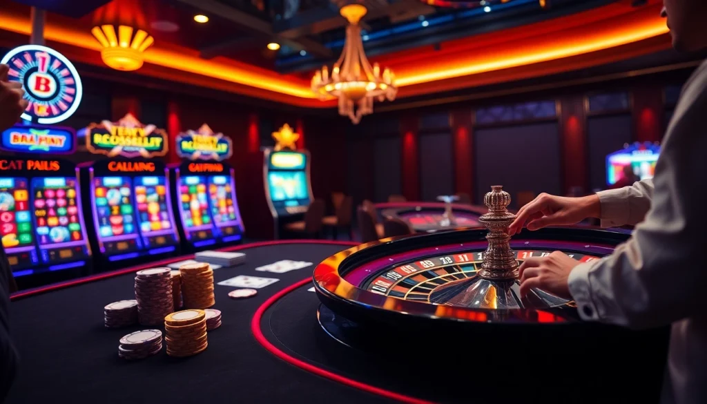 Engage with the vibrant atmosphere of trang chủ 789win at a luxurious casino table surrounded by slot machines.