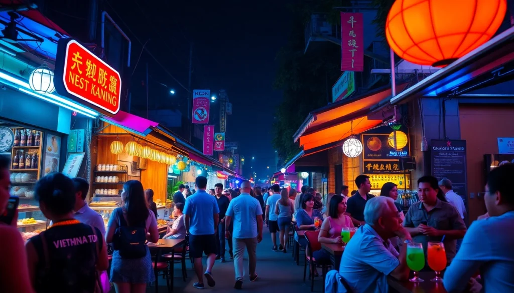 Experience 베트남밤문화 with a lively street market scene showcasing vibrant bars and street food.