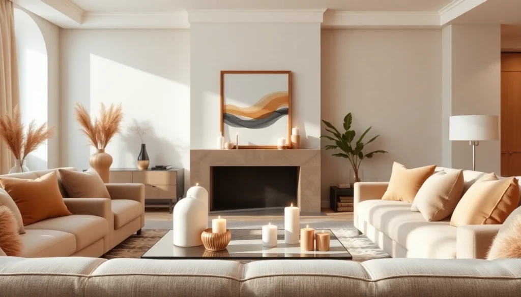 Διακοσμητικά σαλονιού με καλαίσθητους συνδυασμούς και ζεστό φωτισμό.