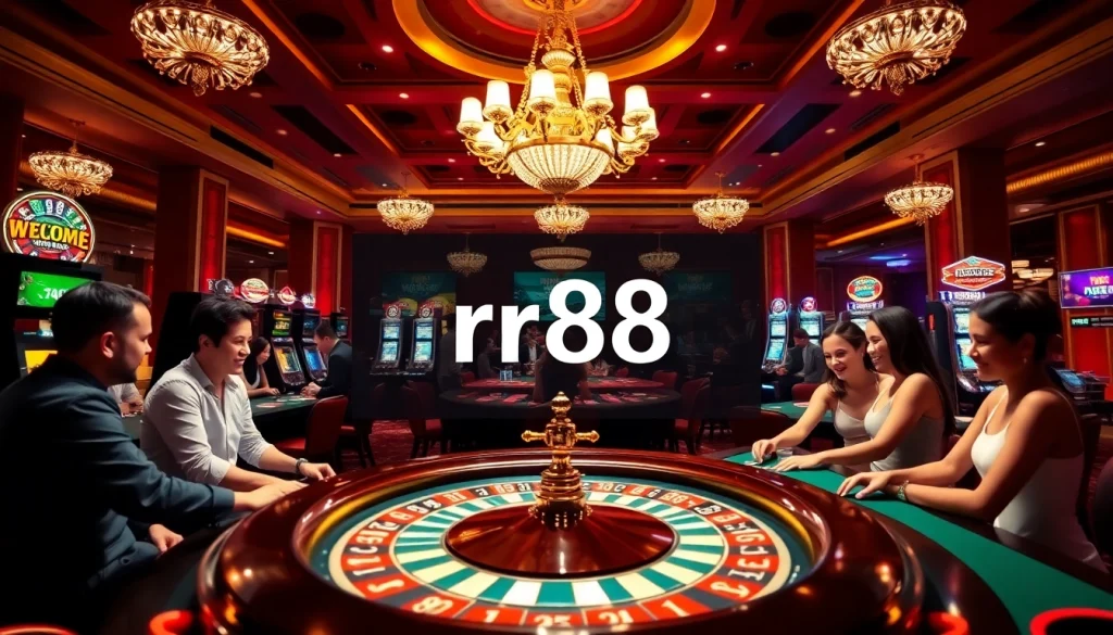 Excited players enjoying roulette and poker at rr88 casino with luxurious decor.