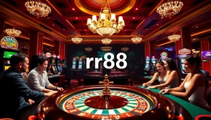 Excited players enjoying roulette and poker at rr88 casino with luxurious decor.