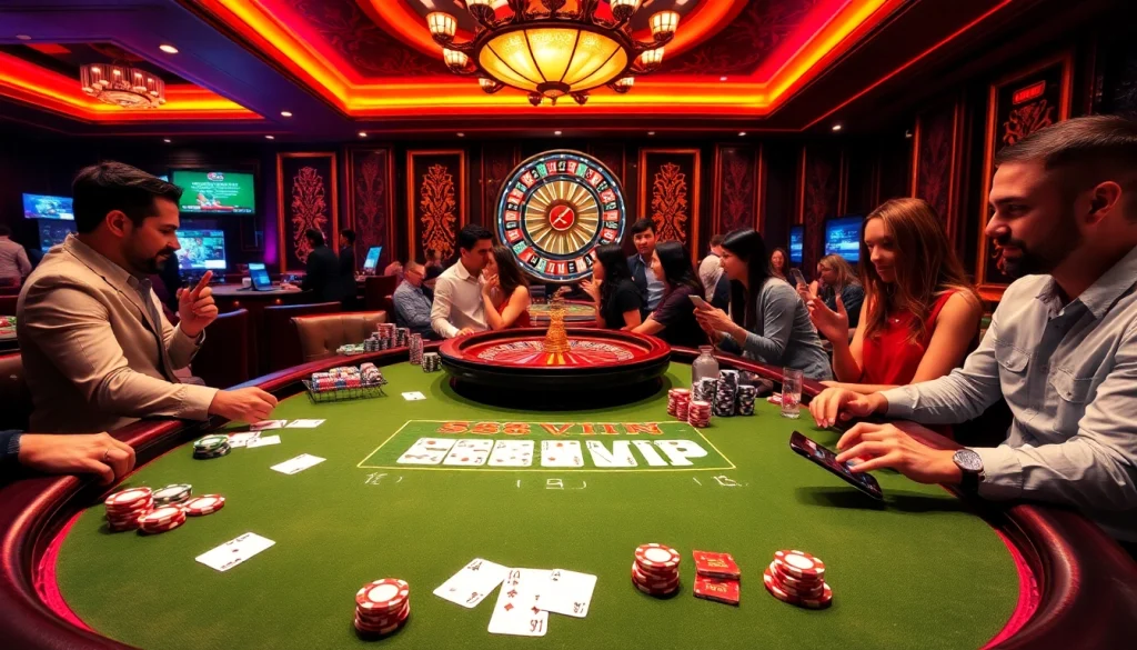 A dynamic gaming scene at S88VIP casino featuring poker chips, cards, and a spinning roulette wheel.