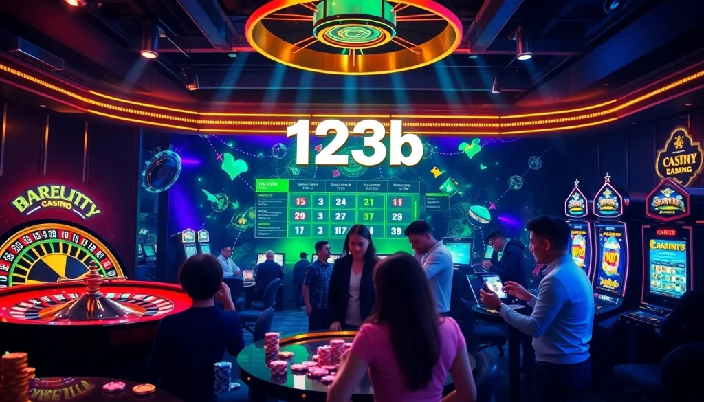 Action-packed scene highlighting 123b's engaging online gambling experience with vibrant casino elements.