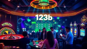 Action-packed scene highlighting 123b's engaging online gambling experience with vibrant casino elements.
