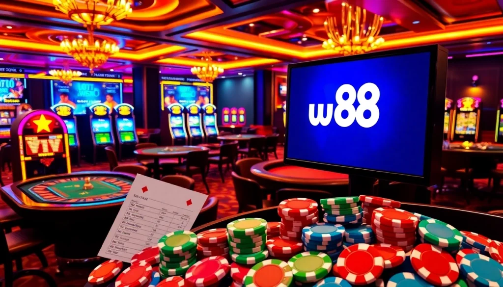Action-packed scene of w 88 casino with vibrant tables and neon slot machines.
