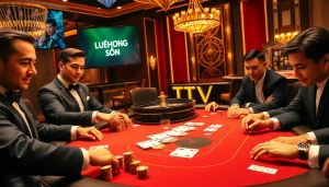 Experience thrilling poker gameplay at Luong Son TV, featuring elegantly dressed players and vibrant casino elements.