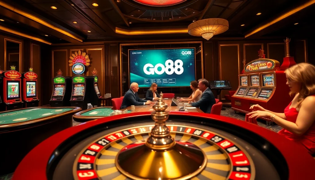 Experience the thrilling excitement of the go88 web casino with players enjoying vibrant games and sophisticated gambling elements.