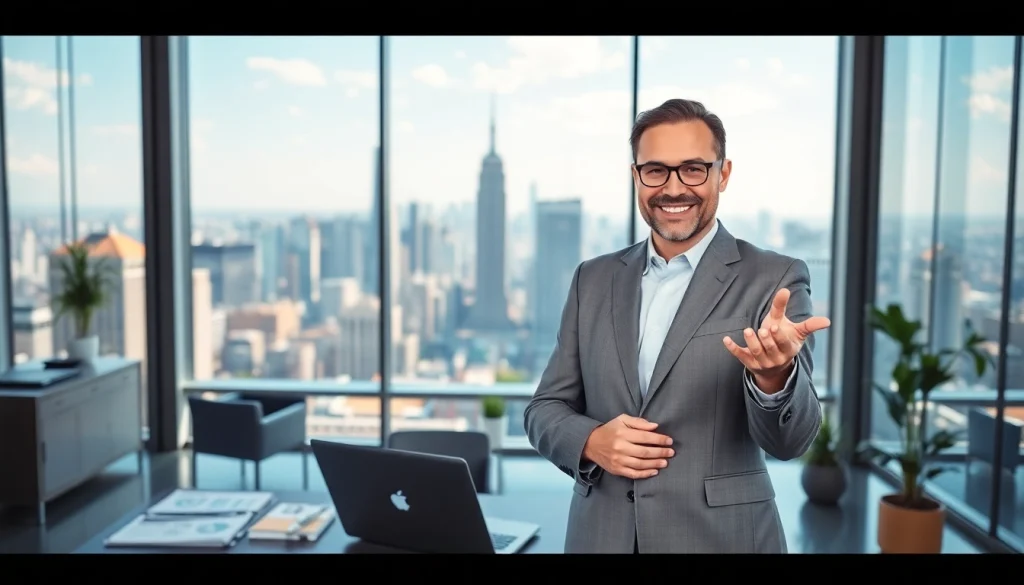 Showcase real estate agent engaged in a dynamic office setting showcasing luxury properties.