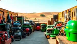 Highlight Cambria Equipment Rental tools and machinery organized in a professional outdoor workshop setting.