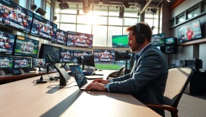 Journalist analyzing sports data at https://thesportstribune.in with multiple screens.