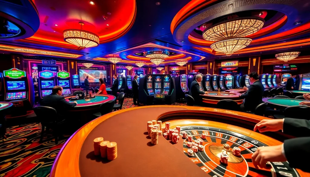 Exciting casino scene showcasing players at tables and slot machines at OK365 Trang chủ.