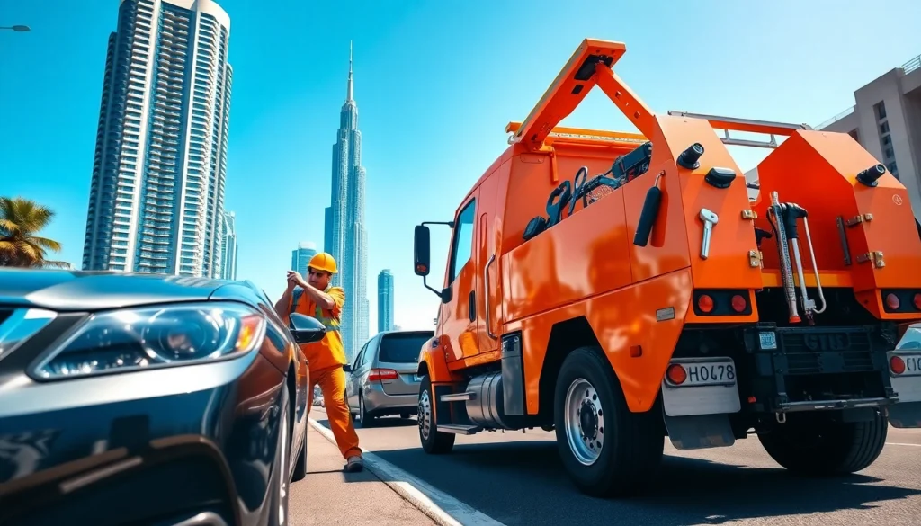 Assisting with car recovery at https://trtrecoveryuae.com on a busy Dubai street, showcasing swift roadside help.