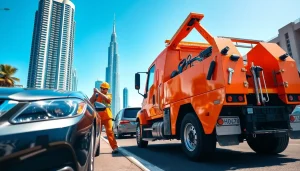 Assisting with car recovery at https://trtrecoveryuae.com on a busy Dubai street, showcasing swift roadside help.