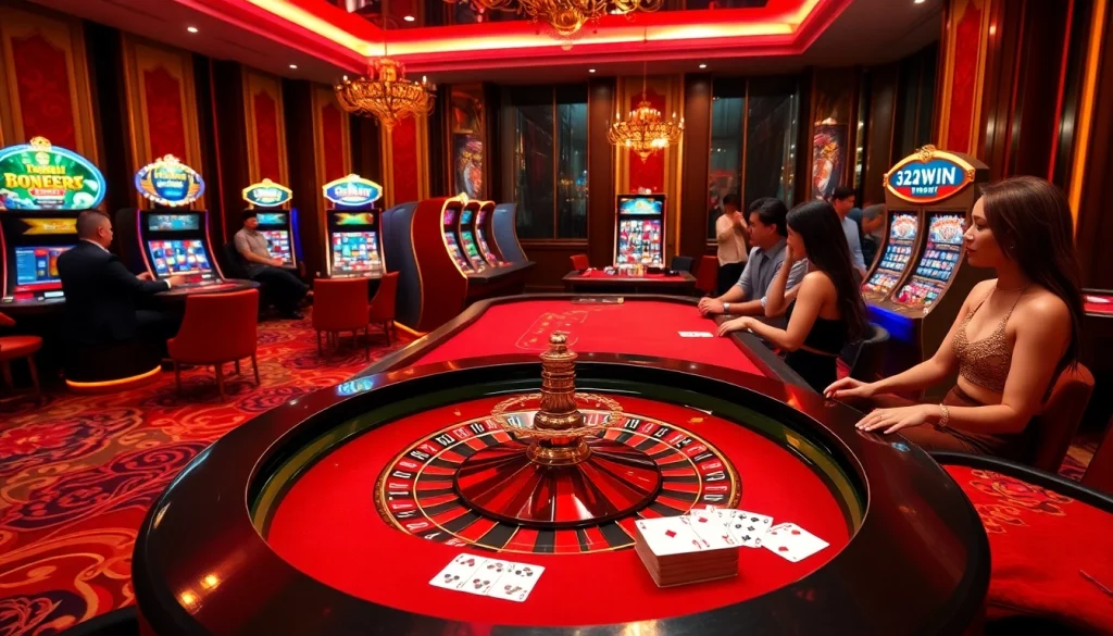 A dynamic scene of gamblers enjoying exciting games at Nhà Cái 32WIN casino, showcasing roulette and slot machines.