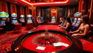 A dynamic scene of gamblers enjoying exciting games at Nhà Cái 32WIN casino, showcasing roulette and slot machines.