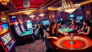 Players enjoying their winnings at Netwin's luxurious casino tables with vibrant slot machines.