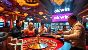 Excited players celebrating wins at a vibrant okwin casino scene filled with roulette tables and slot machines.
