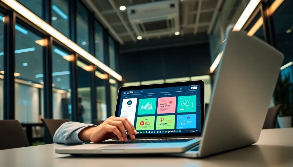 快连下载 app installation process on a laptop in a modern office.