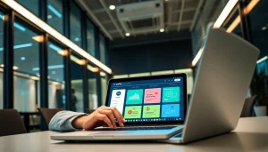 快连下载 app installation process on a laptop in a modern office.