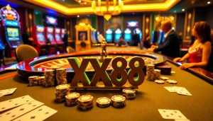 Engage with the excitement of XX88 at a luxurious poker table, complete with cards and chips.