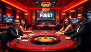 F8BET players enjoying a thrilling online casino experience with cards and chips.