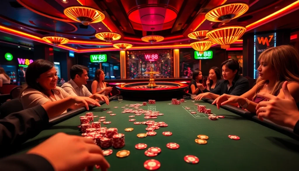 Experience thrilling gaming at w 88 with players engaging at a vibrant poker table in a luxury casino.